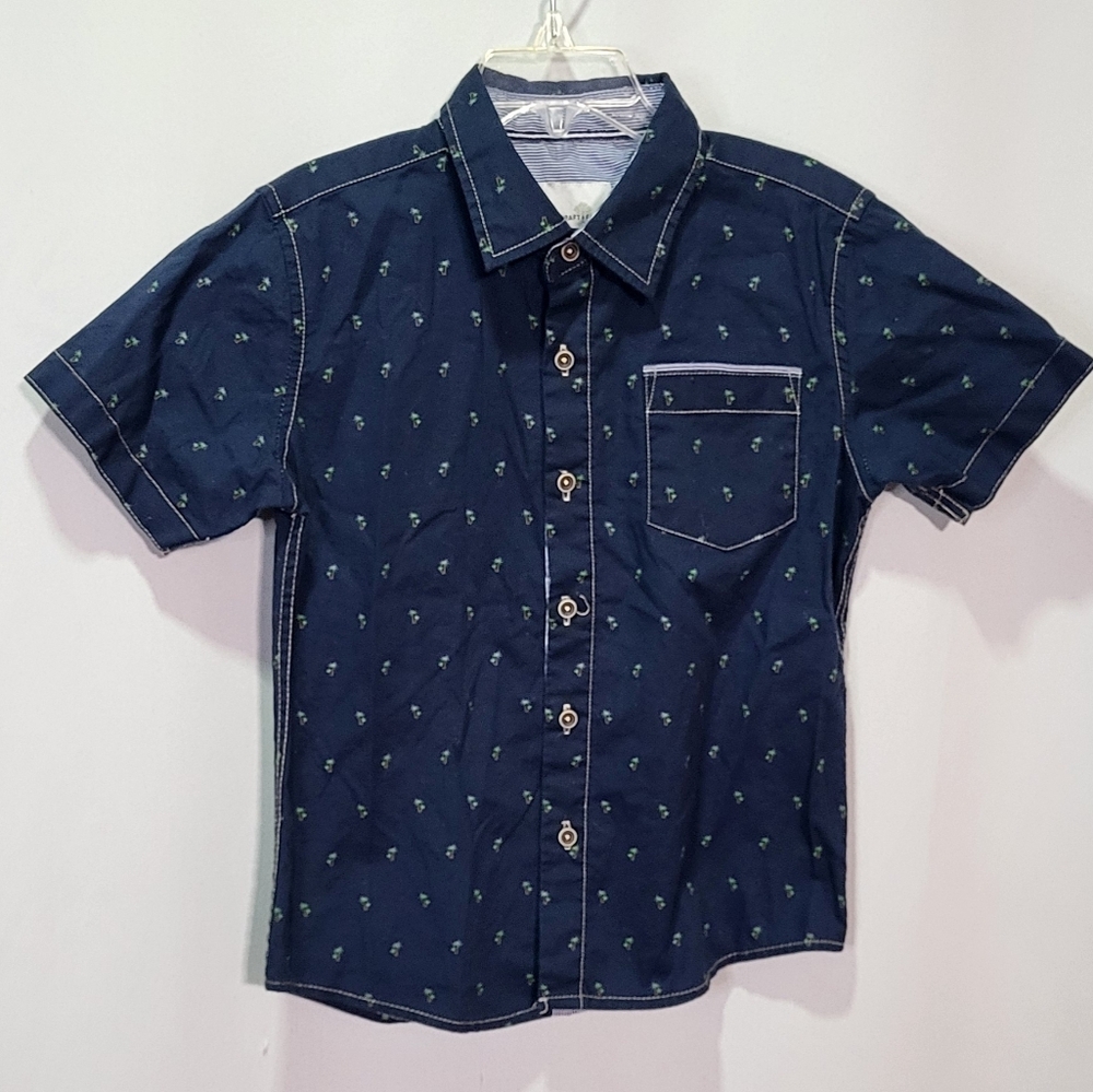 Craft + Flow Boys Navy Blue Palm Print Short Sleeve Button Down Shirt Size 5 EUC